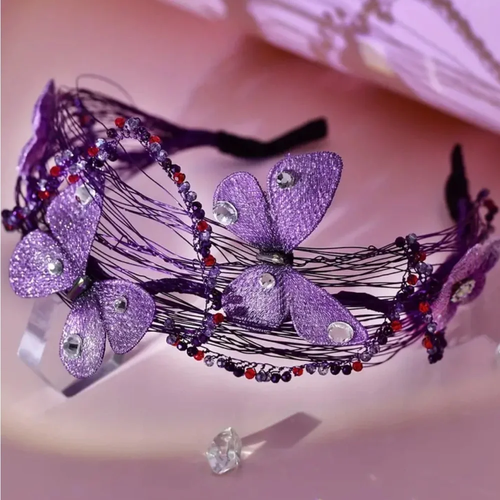 Purple Handmade Headband with Rhinestone Butterfly Accents
